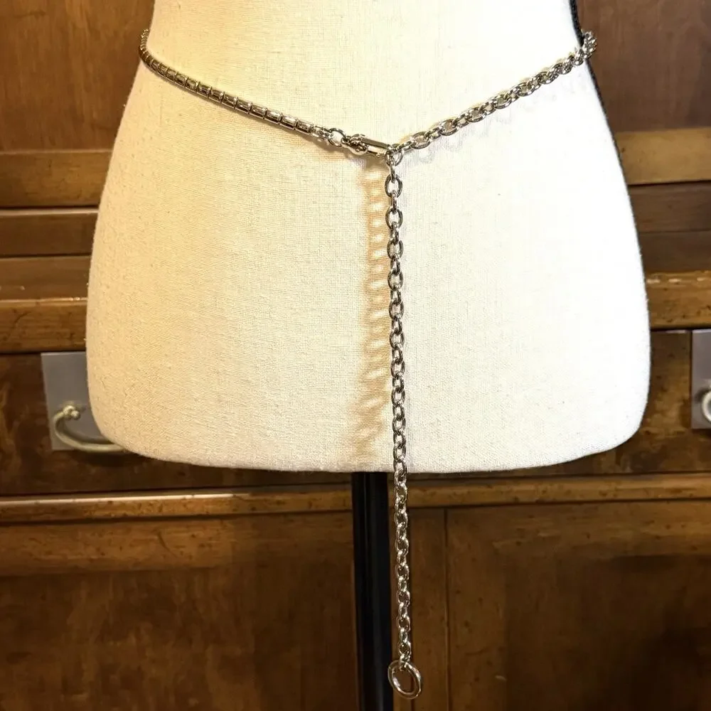 Y2K Silver-Toned Metal Chain Waist Belt Hanging Drop Chain Ring Charm OSFM